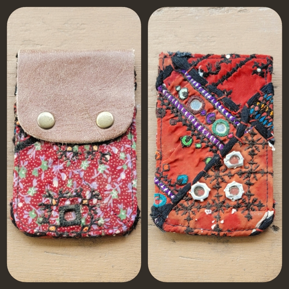 🧠🍳 Free People Boho Embroidered Repurposed vtg banjara hippie Wallet card case